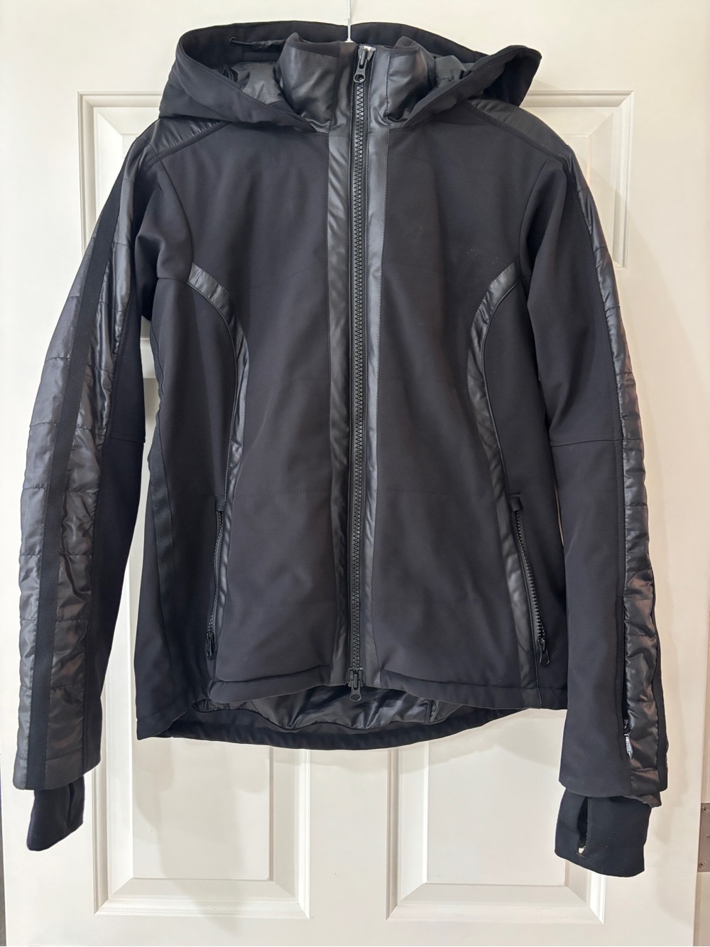 Athleta Black Hooded Ski Jacket with Quilted Sleeve Panels